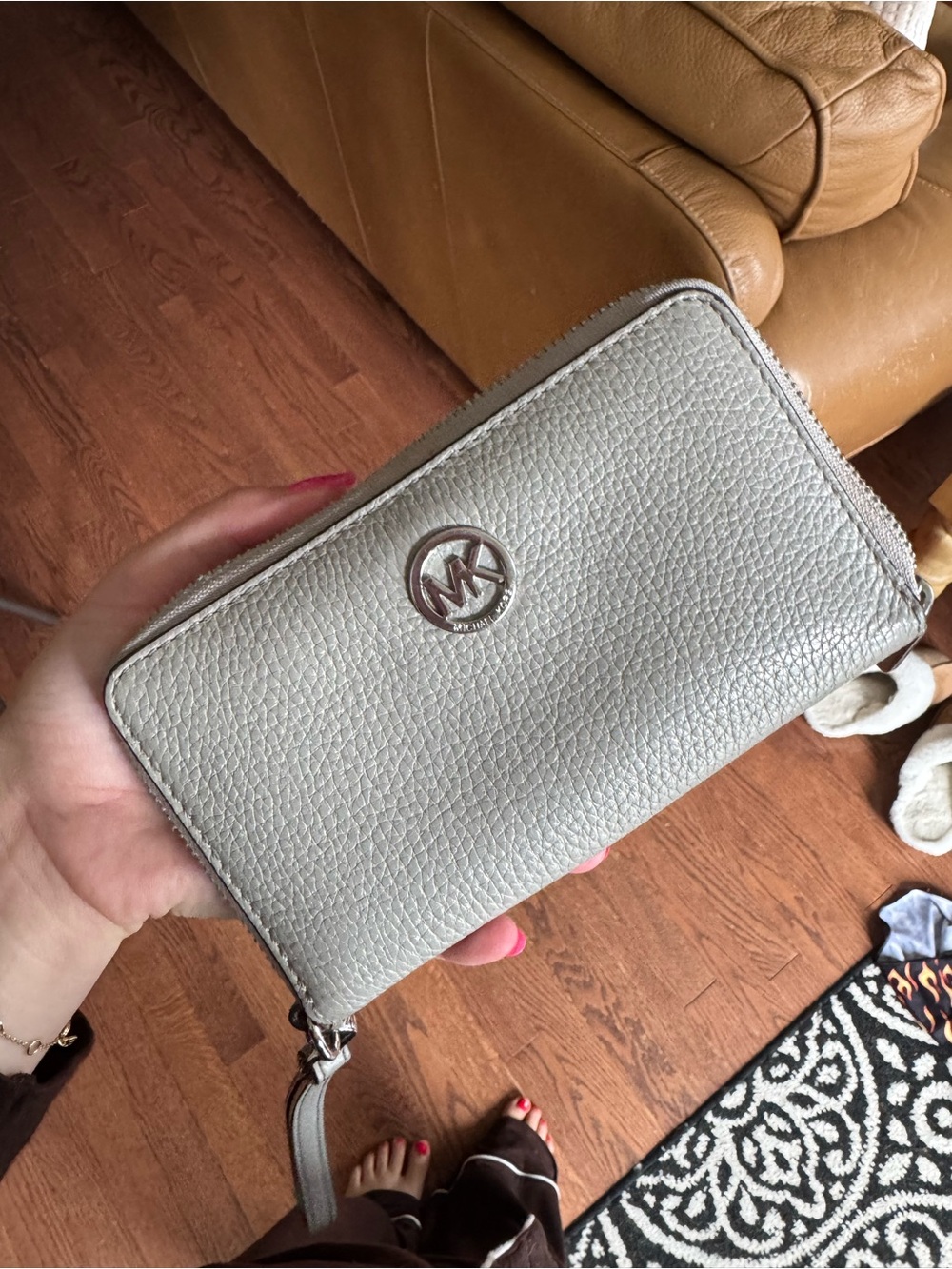 Michael Kors grey Pebbled Leather Zip Wristlet